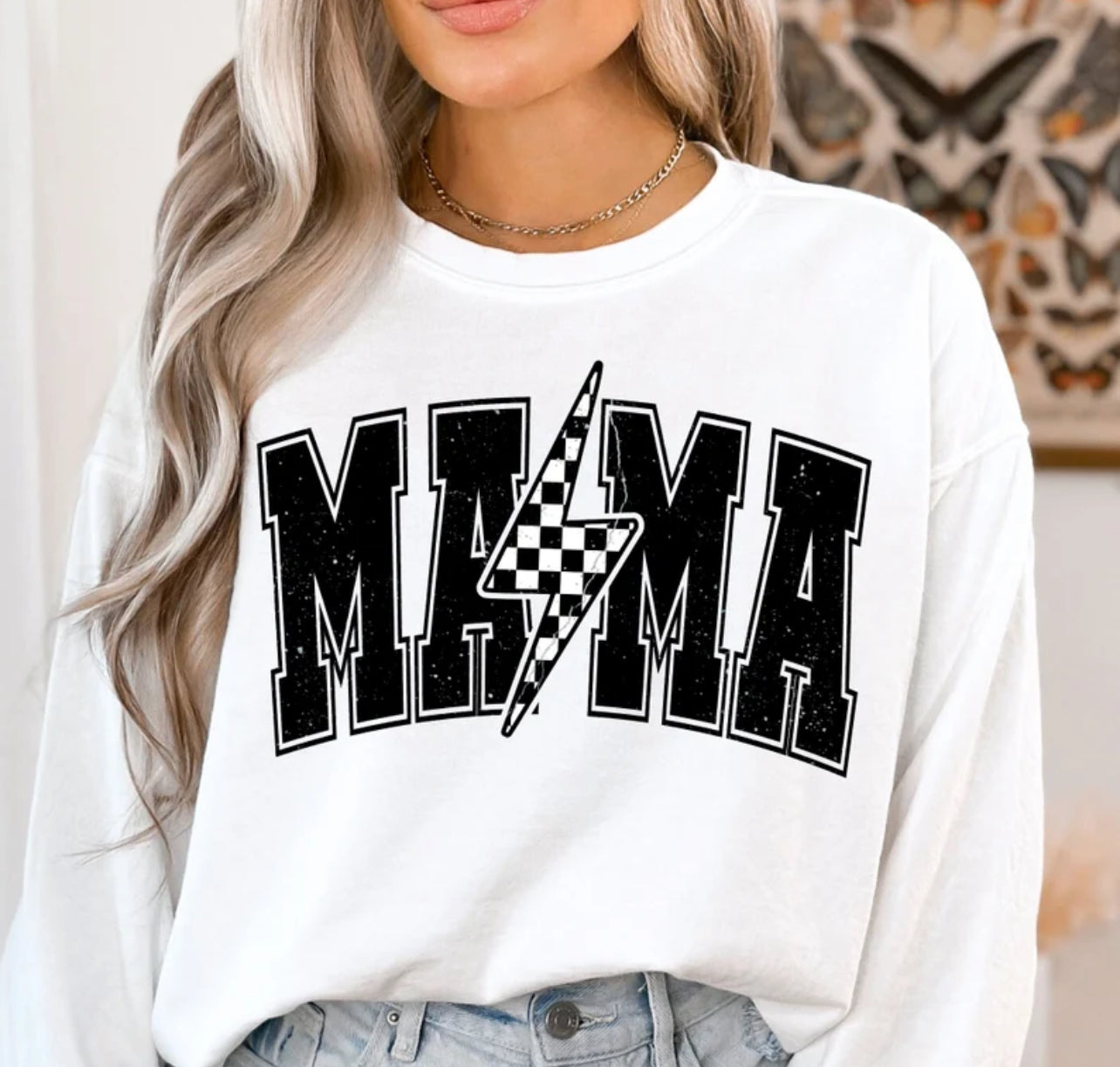 Mama-Checkered Lightening Bolt Crewneck Sweatshirt or Tee