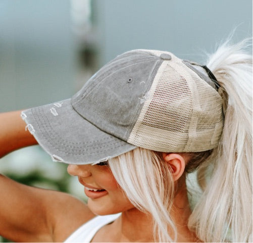 Distressed Mesh Ponytail Baseball Hat