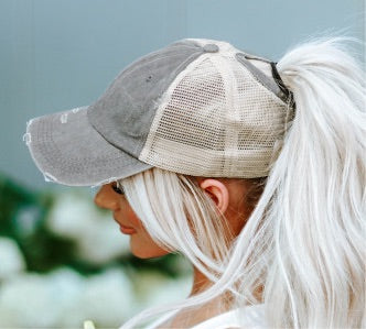 Distressed Mesh Ponytail Baseball Hat
