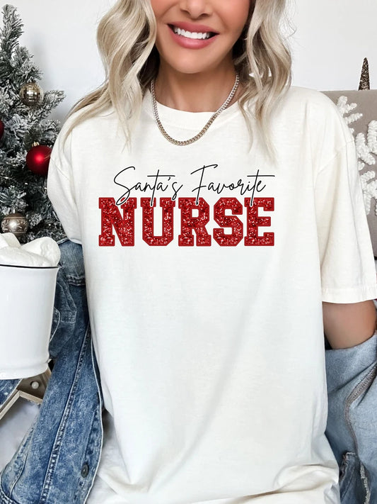 Santa’s Favorite Nurse- Tee or Crewneck Sweatshirt