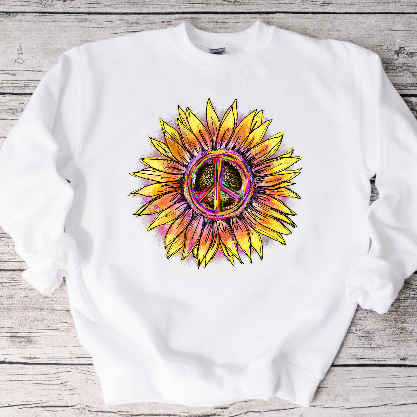 Tie Dye Peace Sunflower Crewneck Sweatshirt or Tee